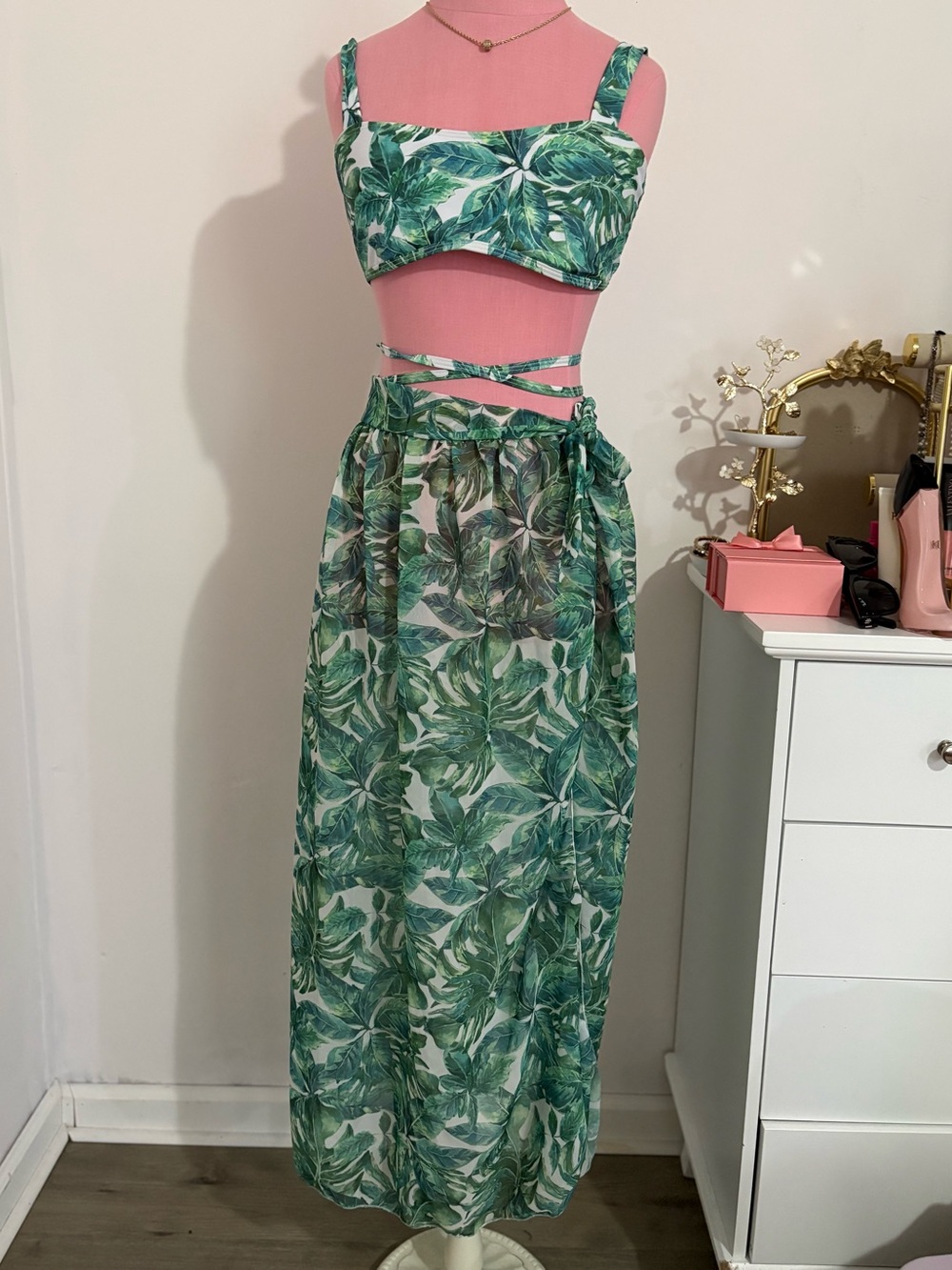 SHEIN Tropical Leaf Three-Piece Bathing Suit Set